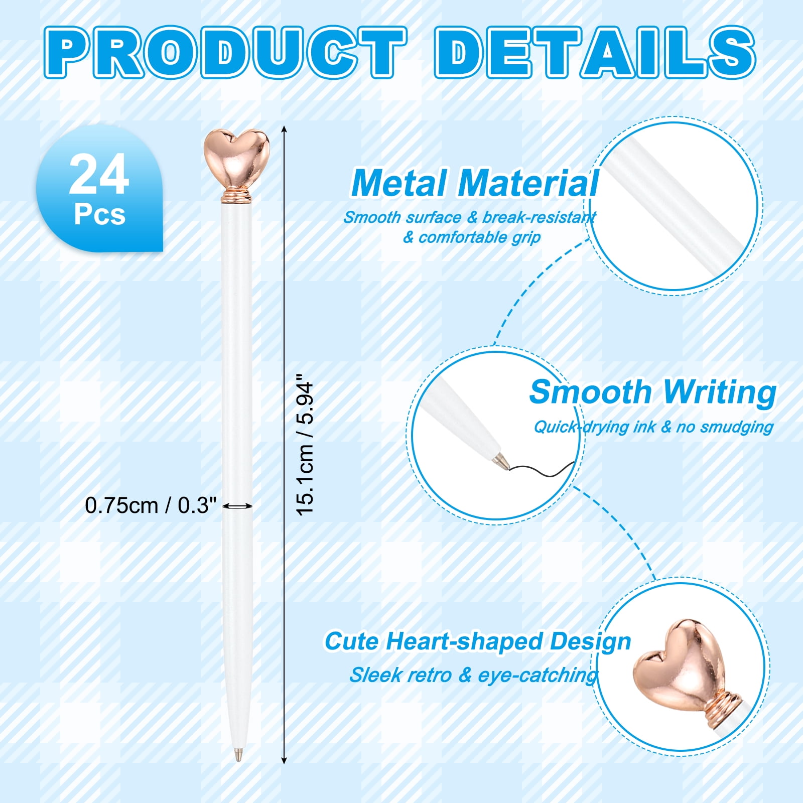 Uxcell Heart Pens 1.0 mm Black Ink, 24 Pcs Metal Cute Pens Heart Ballpoint Retractable for Women Wedding Office Party, White/Rose Gold