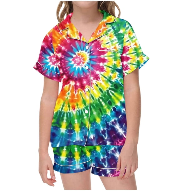 Odeerbi 2-12 Años Niños Niñas Pijama de Verano de Raso Con Solapa Muescada Camisa de Manga Corta Conjunto de Pantalones Cortos Suave Ropa de Dormir Tie-Dye Conjunto de Dos Piezas