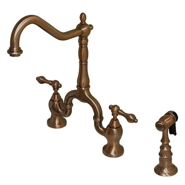 English Country Kitchen Bridge Faucet with Brass Sprayer, Antique Copper