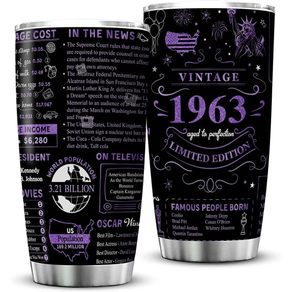 60th Birthday Gifts for Women Men Friends Vintage 1963 Tumblers 60 Year Old Birthday Supplies Vintage 1963 Back in 1963 Old Time Information Stainless Steel Vacuum Insulated Tumblers 20 oz