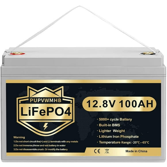 PUPVWMHB 12V 100Ah LiFePO4 Battery, 100Ah Lithium Battery with 100A BMS, 5000+ times at 100% DOD 12V Lithium Batteries, Perfect for RV, Camping, Solar Panel System, Off Grid, Marine, Trolling Motor