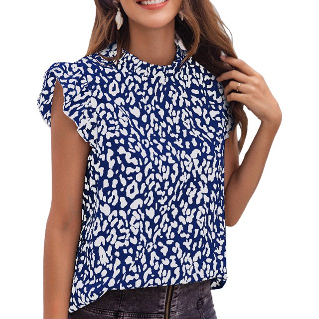Top de manga con volantes y estampado de leopardo, cuello con volantes, camiseta informal de moda para mujer, camiseta de verano para citas, salida de ocio, fin de semana, azul XL