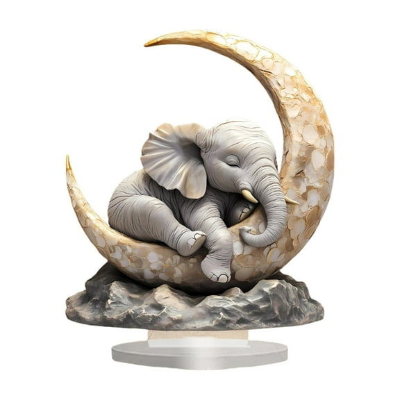 Elephant Lying On Moon Figurine Safe 2D Flat Acrylic Craft Ornament Easy Display Bedroom Desk Decoration Gift