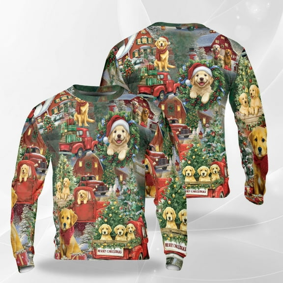 Golden Retriever Puppy Christmas Sweatshirt, Cute Dog Red Truck Winter Village Crewneck, Cozy Holiday Pullover for Men Women