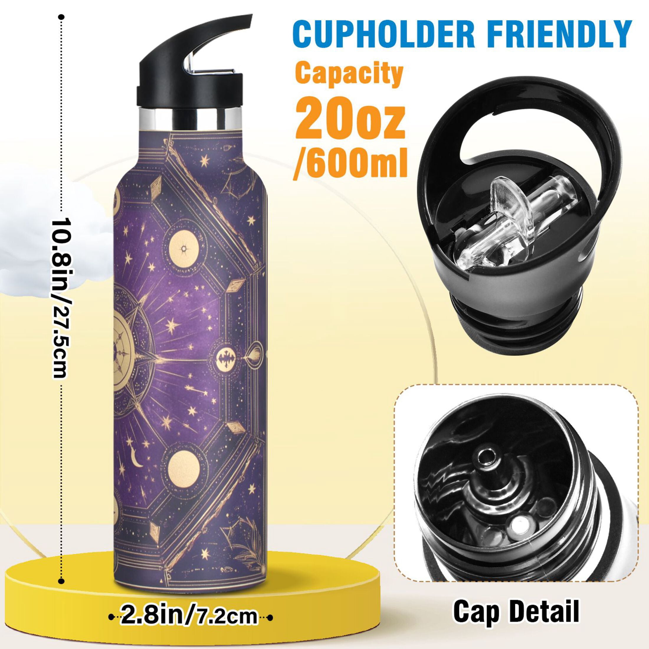 Kids Insulated Stainless Steel Sports Water Bottle 600ml (20oz) Purple Celestial Octagon Pattern