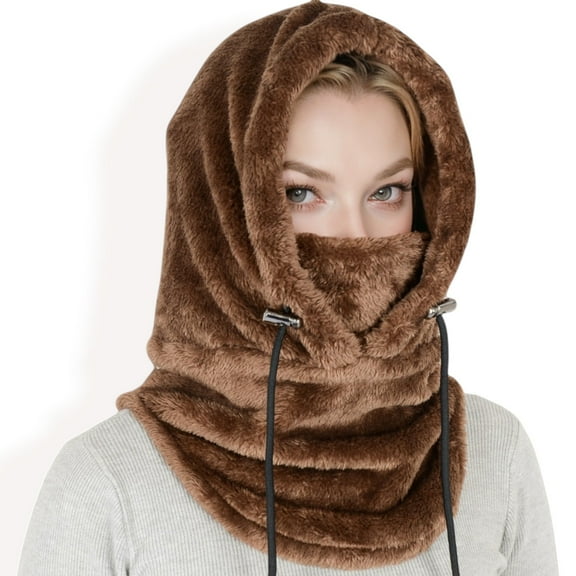 Women's Faux Shearling Hooded Scarf with Adjustable Drawstrings and Extended Neck Coverage-Coffee