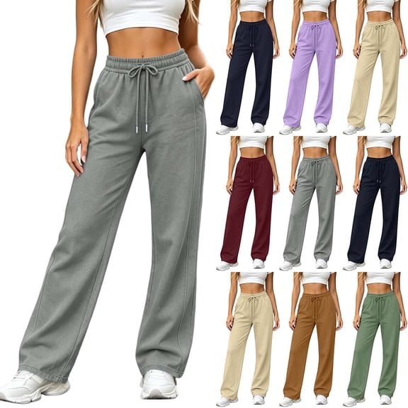 DYTTDG Women's Casual Sweatpants Elastic High Waist with Drawstring Pockets Solid Color Wide Leg Relaxed Fit Trousers