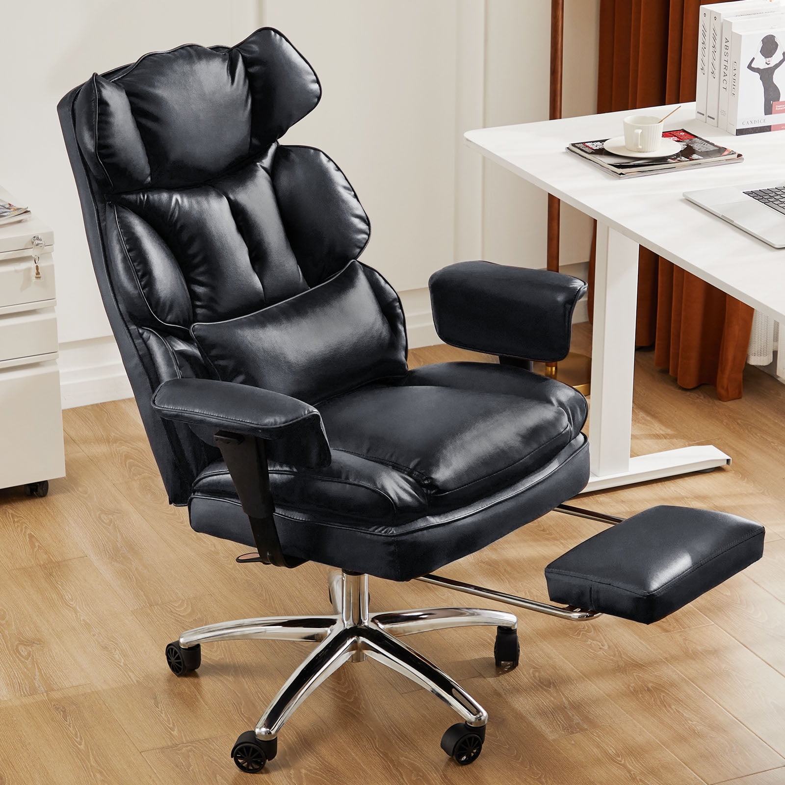 GIANNA Executive Home Office Desk Chair Ergonomic Big Tall High Back with Footrest & Lumbar Support, Reclining Height Adjustable Comfy PU Leather Computer Gaming with Swivel Wheels, Black