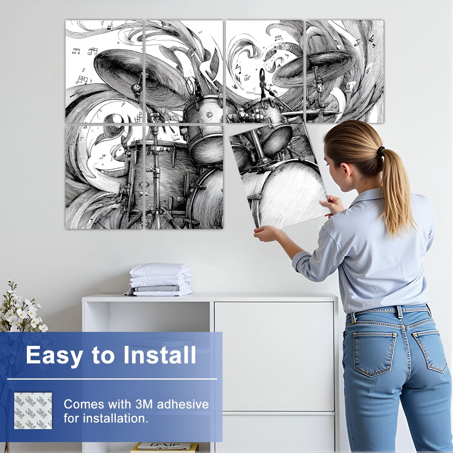 8 Pack Art Acoustic Panels Sound Absorbing Black White Drum Set Sketch Flowing Musical Notes Decorative Soundproof Wall Panels Self Adhesive for Nursery Game Room Bedroom 48"x32"