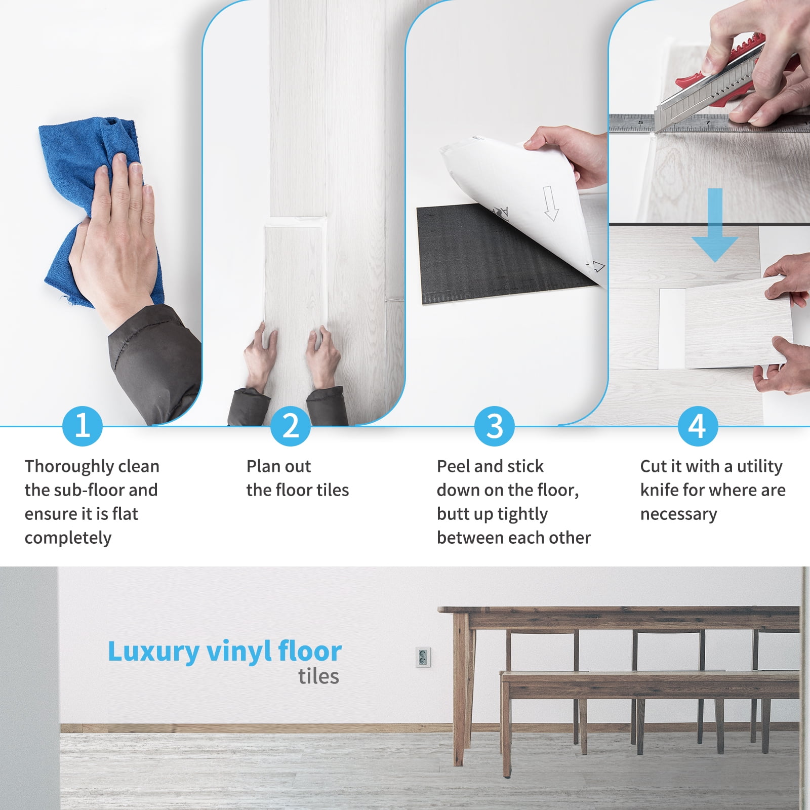 Art3d Self-Adhesive Flooring Peel and Stick Floor Tile Vinyl Wood Plank 12-Pack 18 Sq.Ft-White Washed