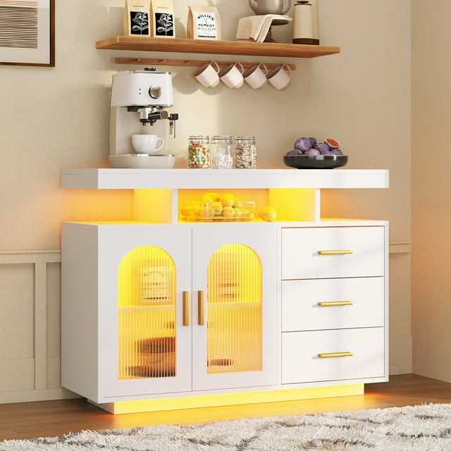 Soges 39.4" LED Buffet Cabinet, Modern Sideboard Buffet with RGB 7-Color Light Strip, Large Kitchen Storage Cabinet with Storage for Bar, Office, Coffee Bar Cabinet with 3 Drawers