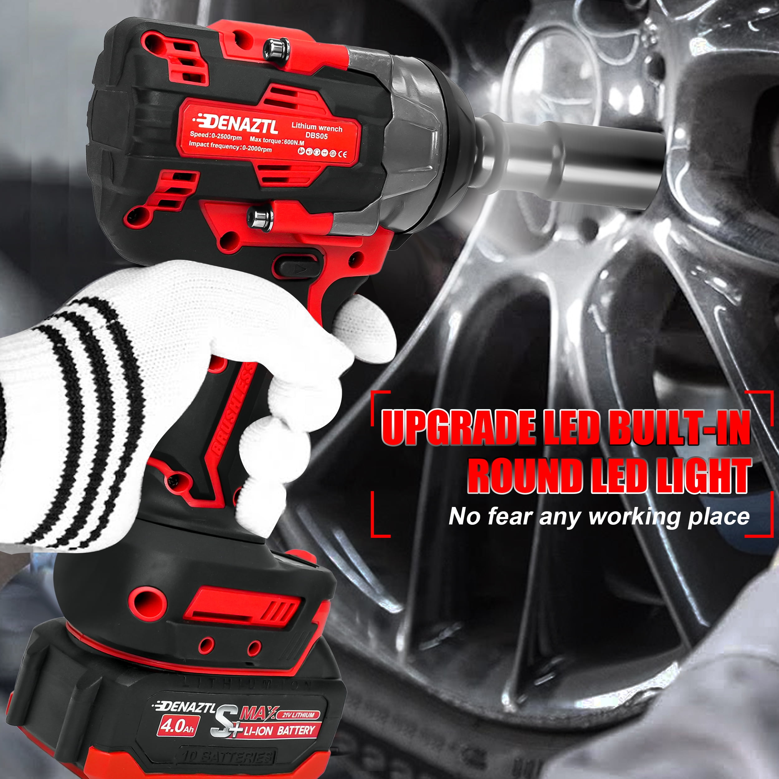 600 N.m Cordless Impact Wrench, 400 Ft-lbs 1/2 inch Electric Impact Gun, High Torque Brushless Impact Wrench w/ 2x 4.0Ah Battery, Fast Charger & 5 Sockets