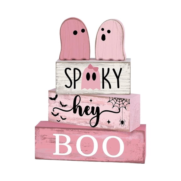 Ghost Sign Farmhouse, Centerpiece Block Decorative, Wooden Ghost Halloween Tiered Tray Decor for Home Kitchen Shelf Party Display Indoor(RL)