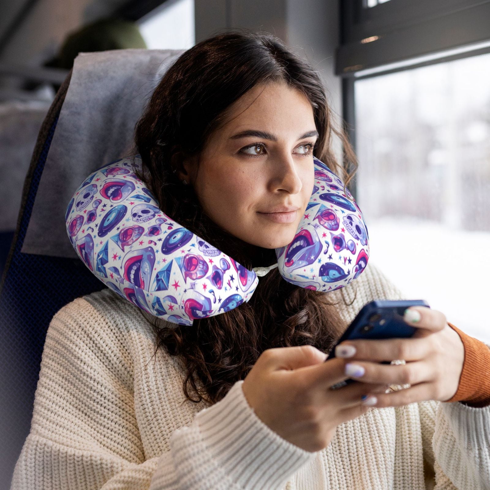 Xecao crystal Skull record lips Print Memory Foam Cervical Neck Pillow Versatile U-Shaped Pillows for Home,Office,Camping,Travelling,Soft Washable Cover