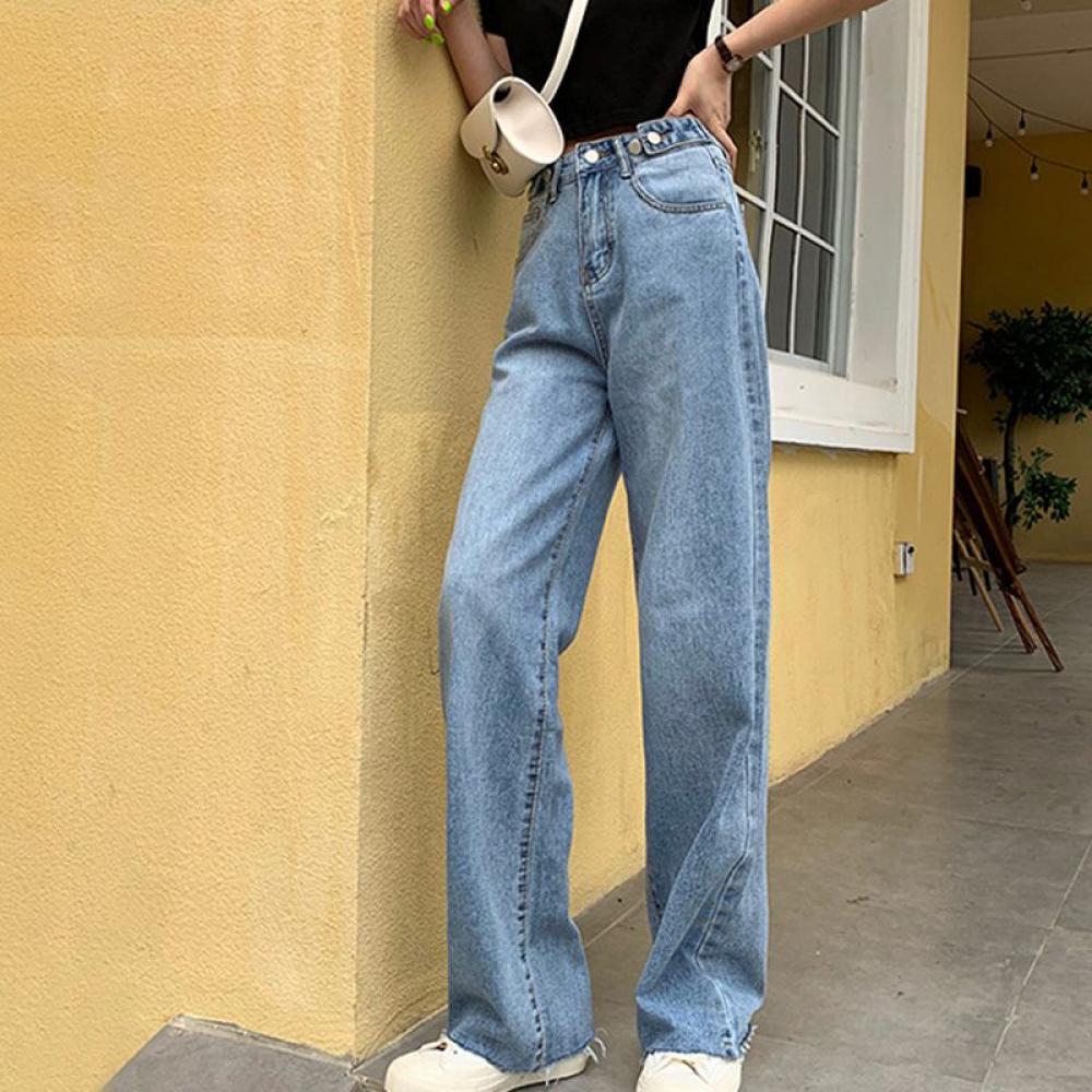 Women High Waist Drop Jeans Wide Leg Loose Straight Casual Loose Cropped Pants Denim Bloomers Elastic Waist/Pockets - image 4 of 7