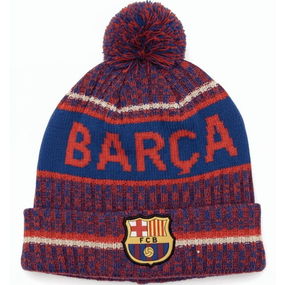Icon Sports FC Barcelona Red/Blue Knit BARÇA Pom Pom Beanie, Acrylic, OSFM
