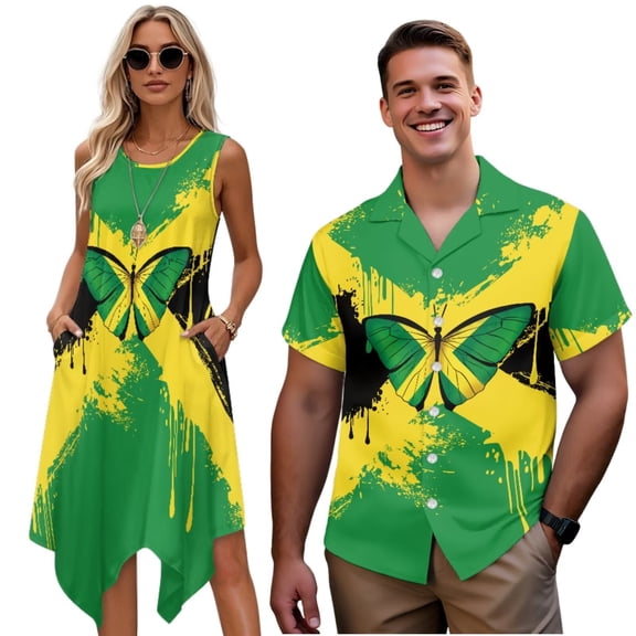Garronmavis Jamaican Flag Couples' Outfits Husban and Wife Clothing Personality Men's Button Down Shirt Size XS Hawaiian Tops and Women's Summer Dress Fashion Beach Sundress