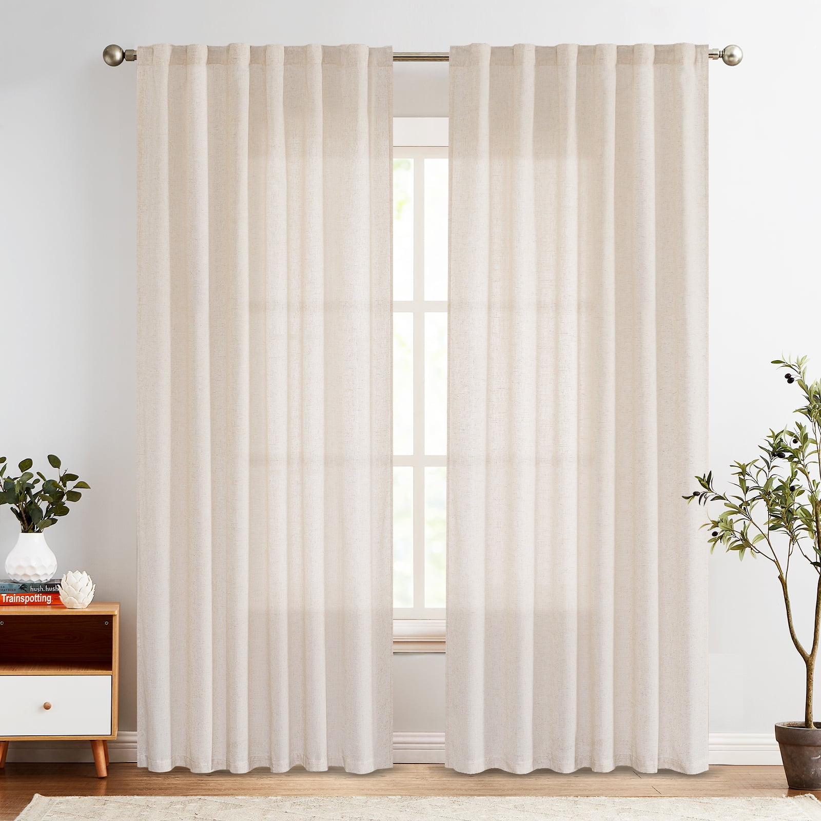 Curtainking Back Tab Curtains 84 inches Crude Beige Light Filtering Curtains Living Room Bedroom Drapes Rod Pocket Linen Farmhouse Curtains Pack of 2