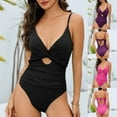 thumbnail image 2 of Jacenvly One Piece Swimsuits for Women Plus Size Casual Sleeveless Solid V-Neck Surfing Swimwear Satiny Women'S Fashionable and Hollowed Out Belly Covering Deep Strap Black, 2 of 10