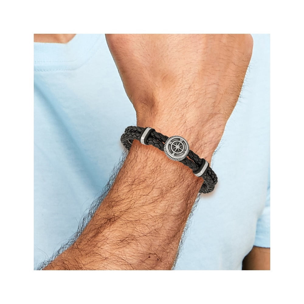 Diamond2Deal Stainless Steel Antiqued and Polished Compass Braided Black Leather Bracelet for Men 8"