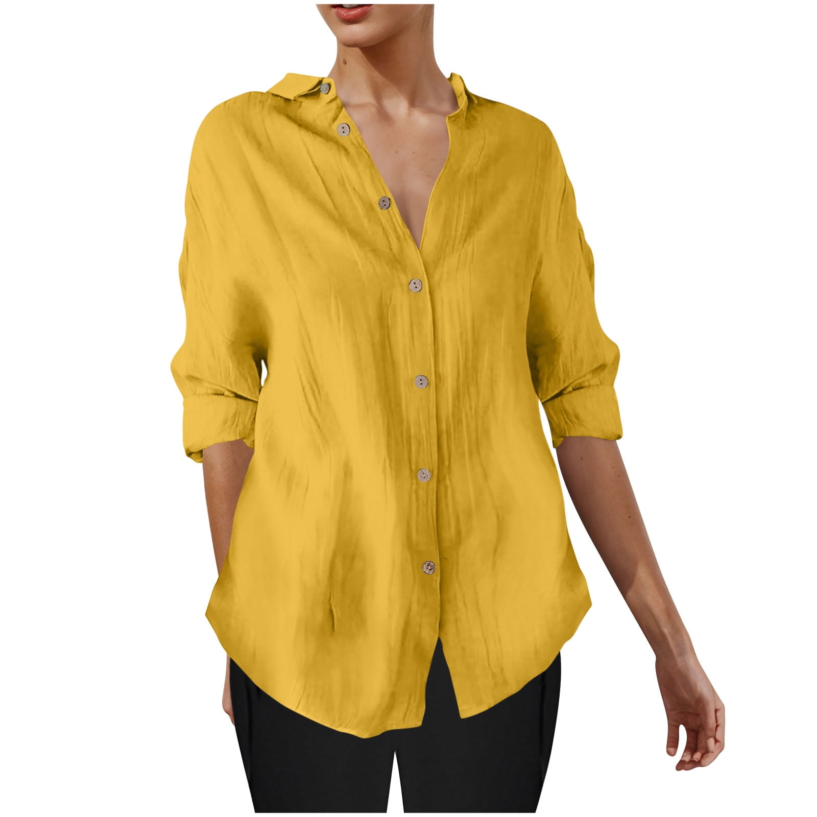 2 Pack ylioge S-4X Plus Size Shirts for Women 3/4 Sleeve Button-Down Blouses Tops Womens Casual Lightweight Solid Color Collared Work Tshirts Top