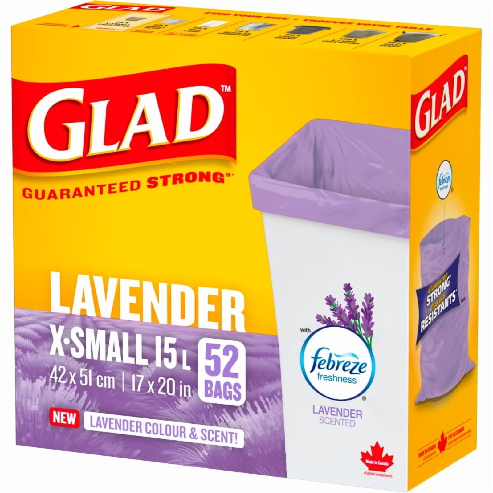 Sacs à ordures Glad® de couleur mauve et au parfum de lavande Format: Très petits sacs de 15 L avec Febreze fraîcheur, boîte de 52 sacs