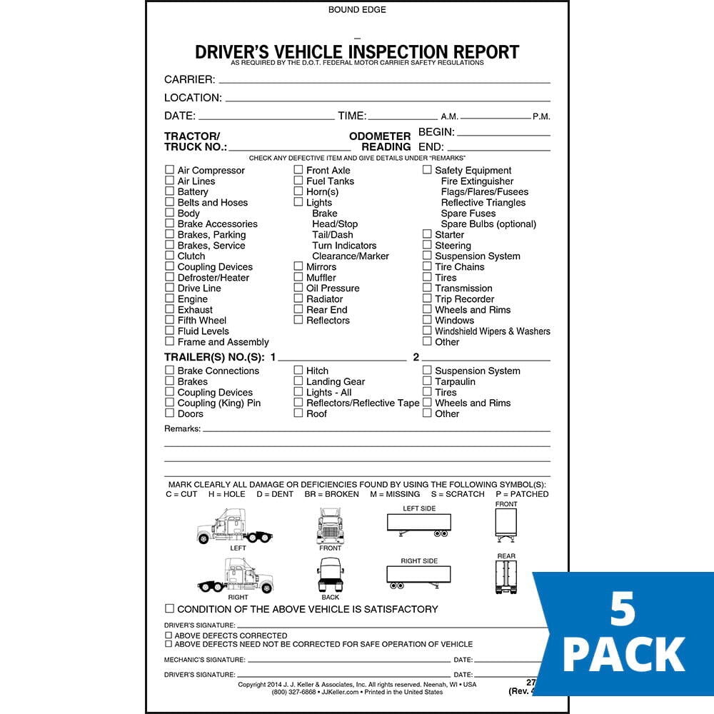 Detailed Driver Vehicle Inspection Report Book with Illustrations 5-pk., 2-Ply Carbonless, 5.5"x9.25", 31 Sets of Forms Per Book