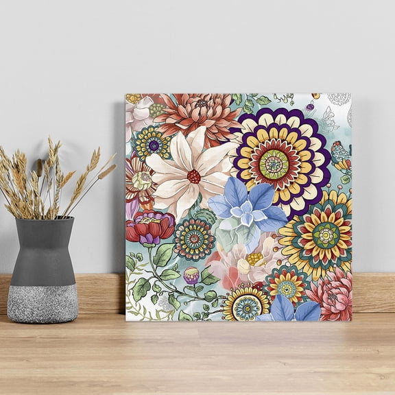Boho Floral Wall Art Painting on Canvas, Bohemia Colorful Mandalas Botanical Flower Canvas Art Home Prints Wall Art Framed Modern Artwork for Living Room Bedroom Wall Decor 8x8in