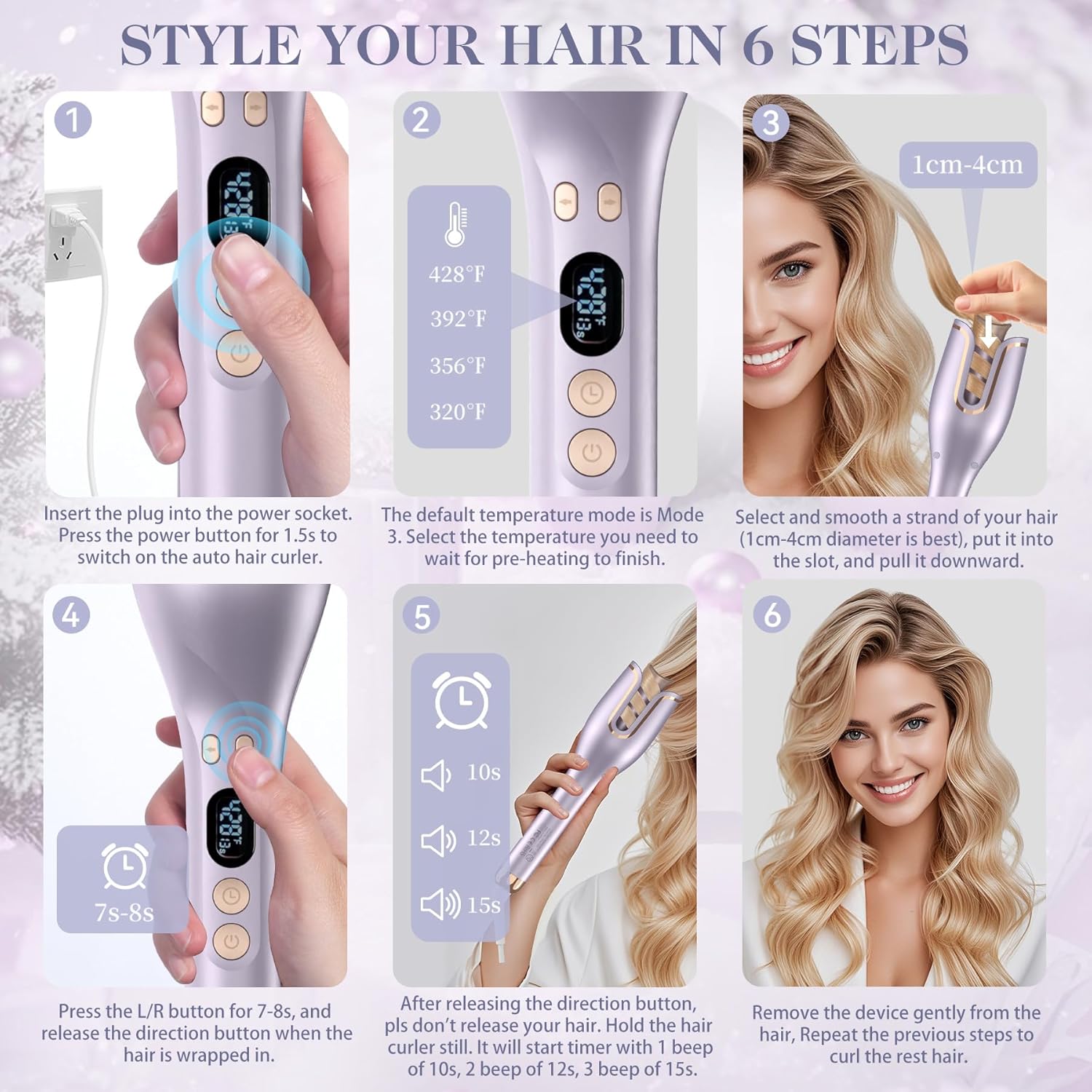 Automatic Hair Curler with Anti-Scald & Anti-Tangle Technology, 1" Rotating Ceramic Barrel with 4 Heat Settings, One-Touch Smart Curling Iron for Beginners
