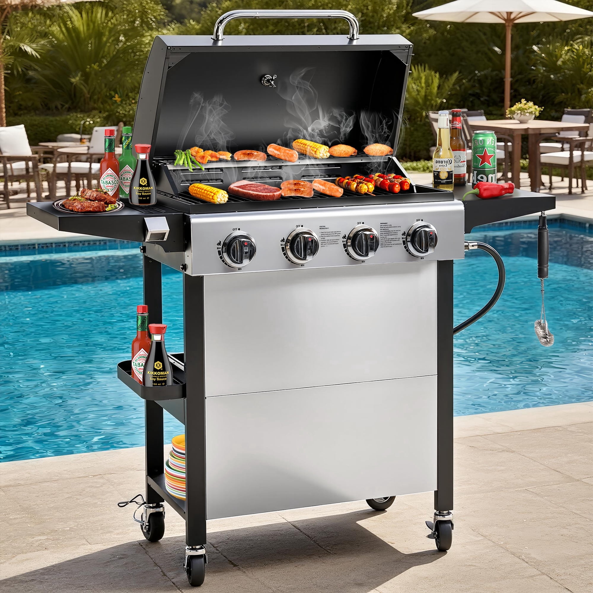 4-Burner Propane Gas Grill, Bbq Grill with Folding Side Tables
