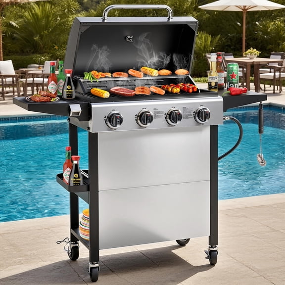 Seizeen Powerful Gas Grill 36,000BTU, 4-Burner Propane Grill Outdoor Barbecue w/Foldable Table & Hanging Basket, Portable Yard BBQ Grill on Wheels