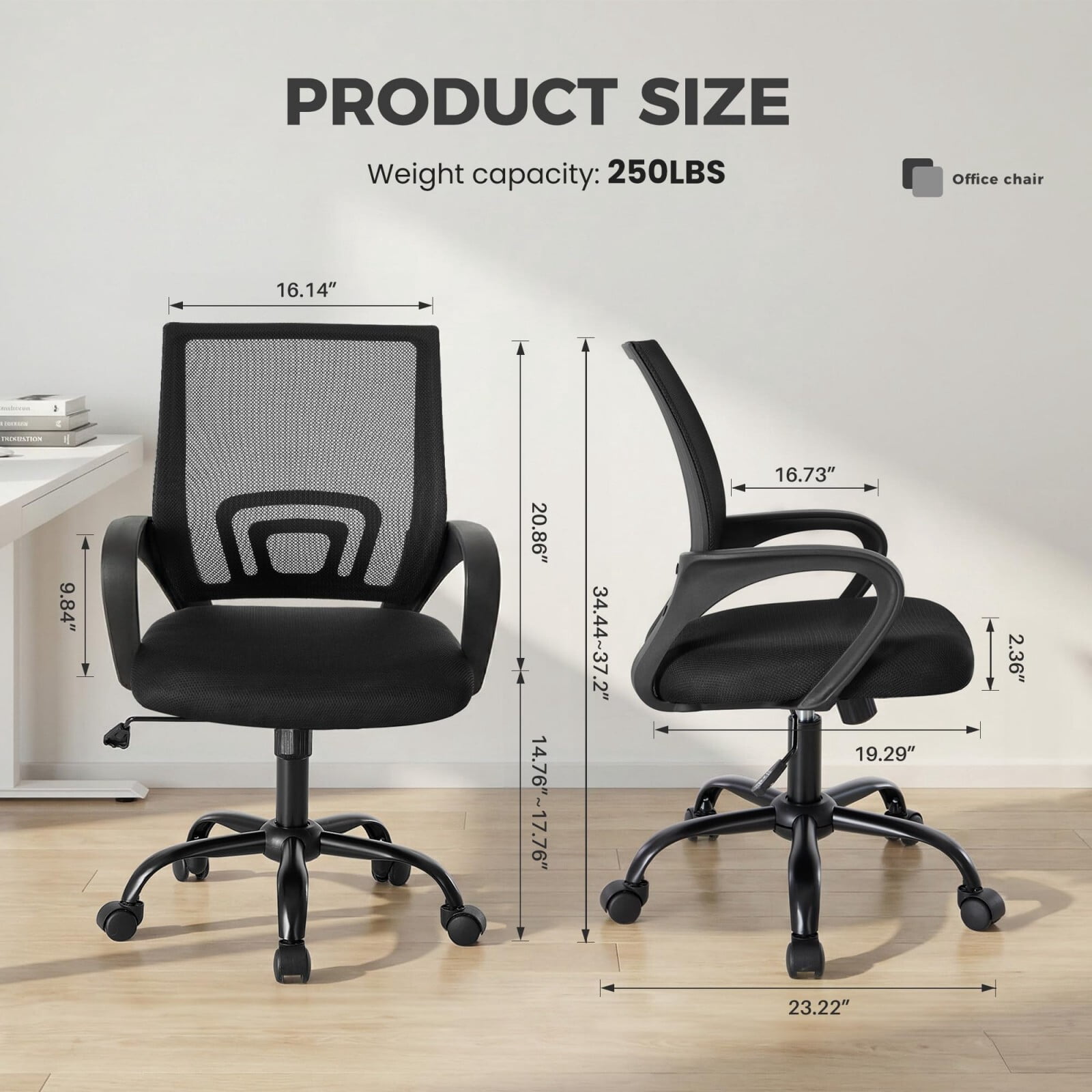 Kelno Mid-Back Mesh Office Chair 250lb Capacity Ergonomic Desk Chair with Lumbar Support Adjustable Height Rocking Task Chair, Black