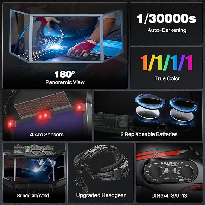 ARCCAPTAIN Auto Darkening Welding Helmet with Side Lenses, 180° Panoramic View, True Color 1/1/1/1, 4 Arc Sensors, Solar + Battery, Wide Shade 3/4-8/9-13, Red