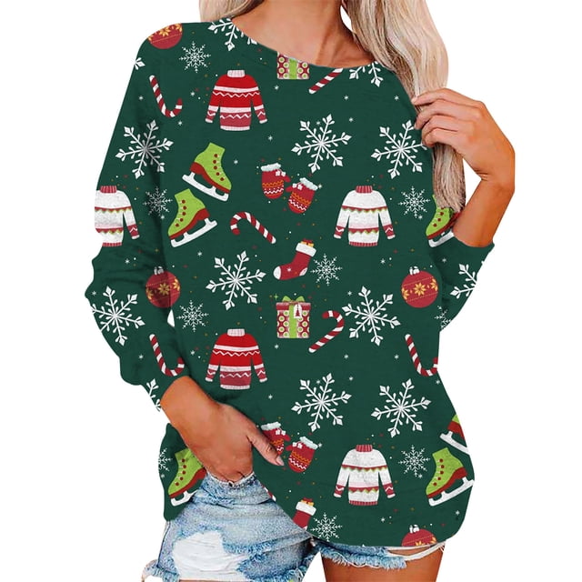 Gibobby Chaqueta Athletic Mujer holgado a la moda Sudadera deportiva con estampado navideño colorido para mujer, manga larga, cuello Rojoondo, sudadera con capucha (Verde, L)