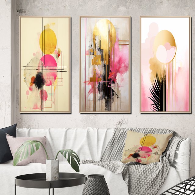 Designart "Vintage Pink Gold Circle Pastel Grace IV" Modern Geometric Framed Wall Art Set Of 3 - Gold Abstract Frame Gallery Set For Office Decor