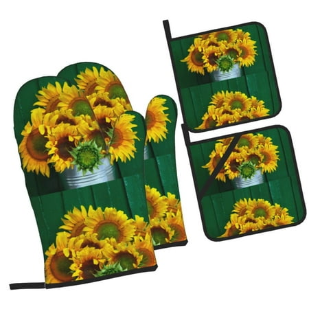 

Tebeau Sunflowers in Bucket Print 4 Pcs Oven Mitts and Pot Holders 500°F High Heat Resistant Kitchen Oven Mitts with Pot holders Long Oven Mitts for Baking and Cooking