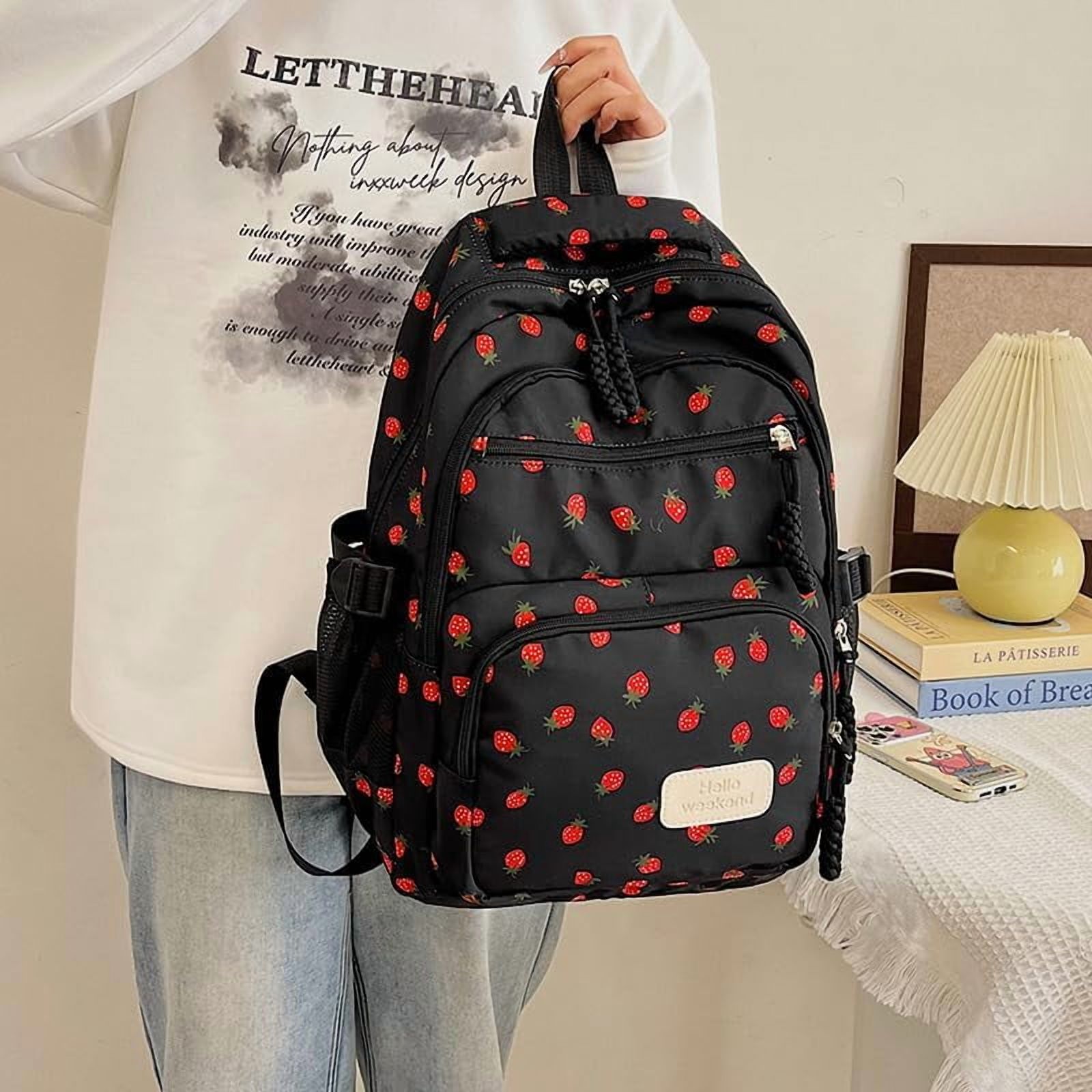 Lohol Coquette Aesthetic Backpack - Cute Kawaii Bow Rucksack for Women, Trendy & Lightweight Nylon Daypack (A02 Strawberry Black)