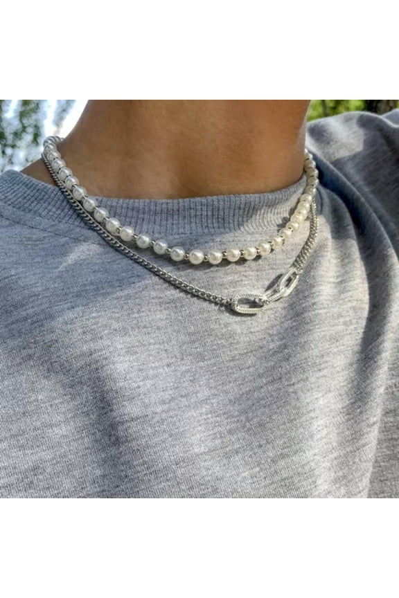Temperament Imitation Pearl Men's Necklace Fashion Necklace-White K