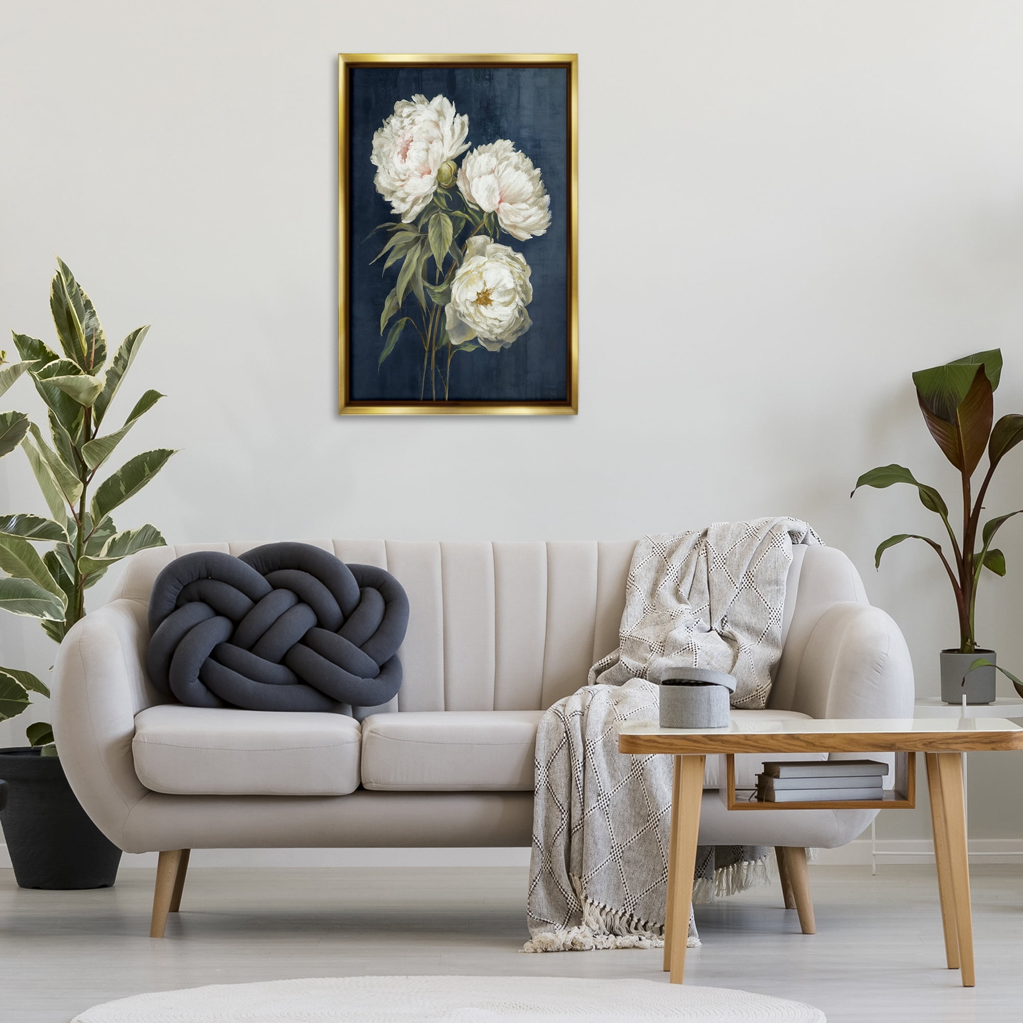 Stupell Industries White Blossoms on Blue Plants & Flowers Painting Gold Floater Framed Canvas Art Print Wall Art, 21 x 31