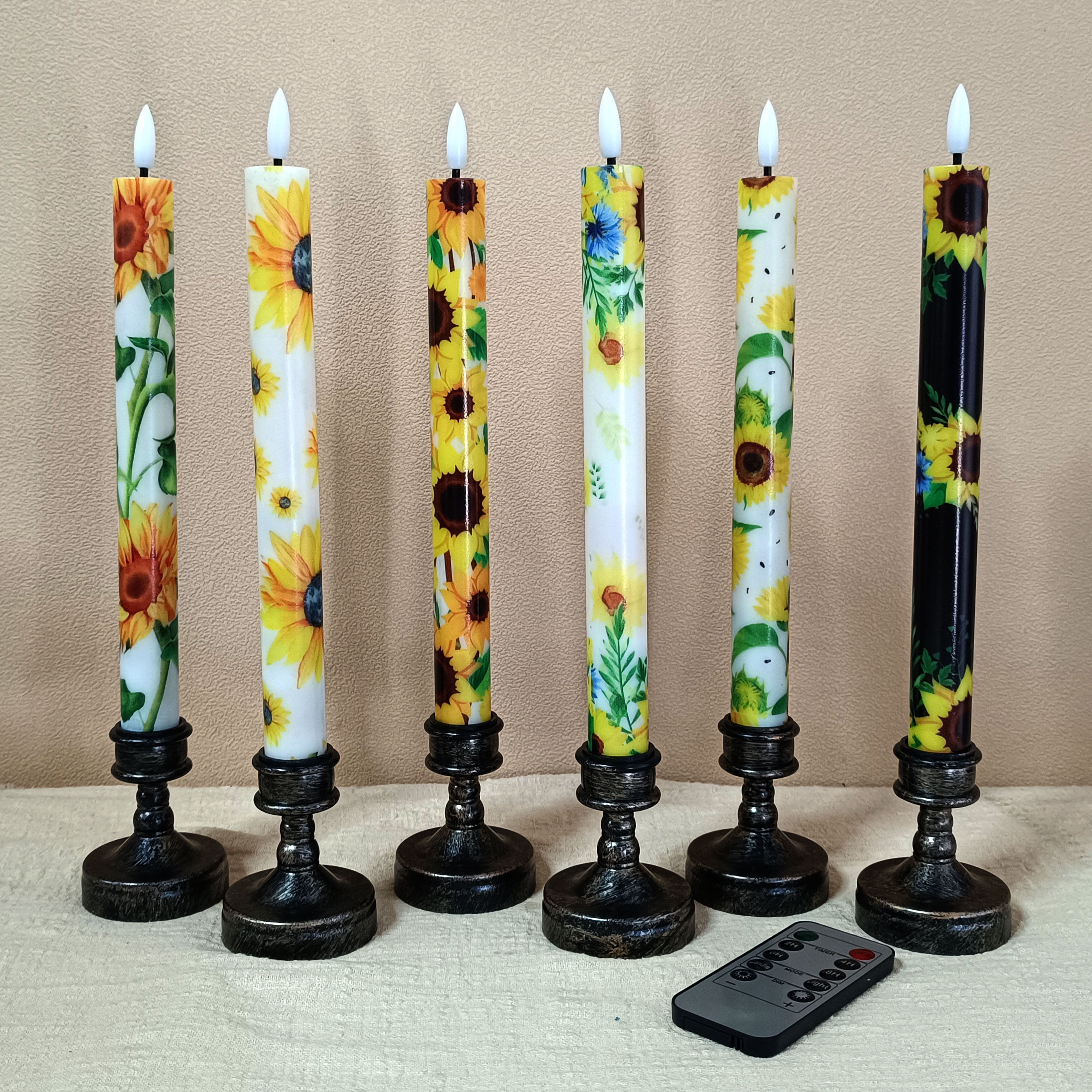 6PCS Printed Flameless Taper Candles, 10 Inch LED Candlesticks Battery Operated with 11-Key Remote, 3D Flickering Flame Lights for Wedding Party Home Decor Gifts