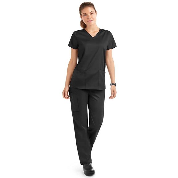 Strictly Scrubs Stretch Women’s Four Way Stretch Scrub Set – Includes V-Neck Top and Pant (Medium, Black)