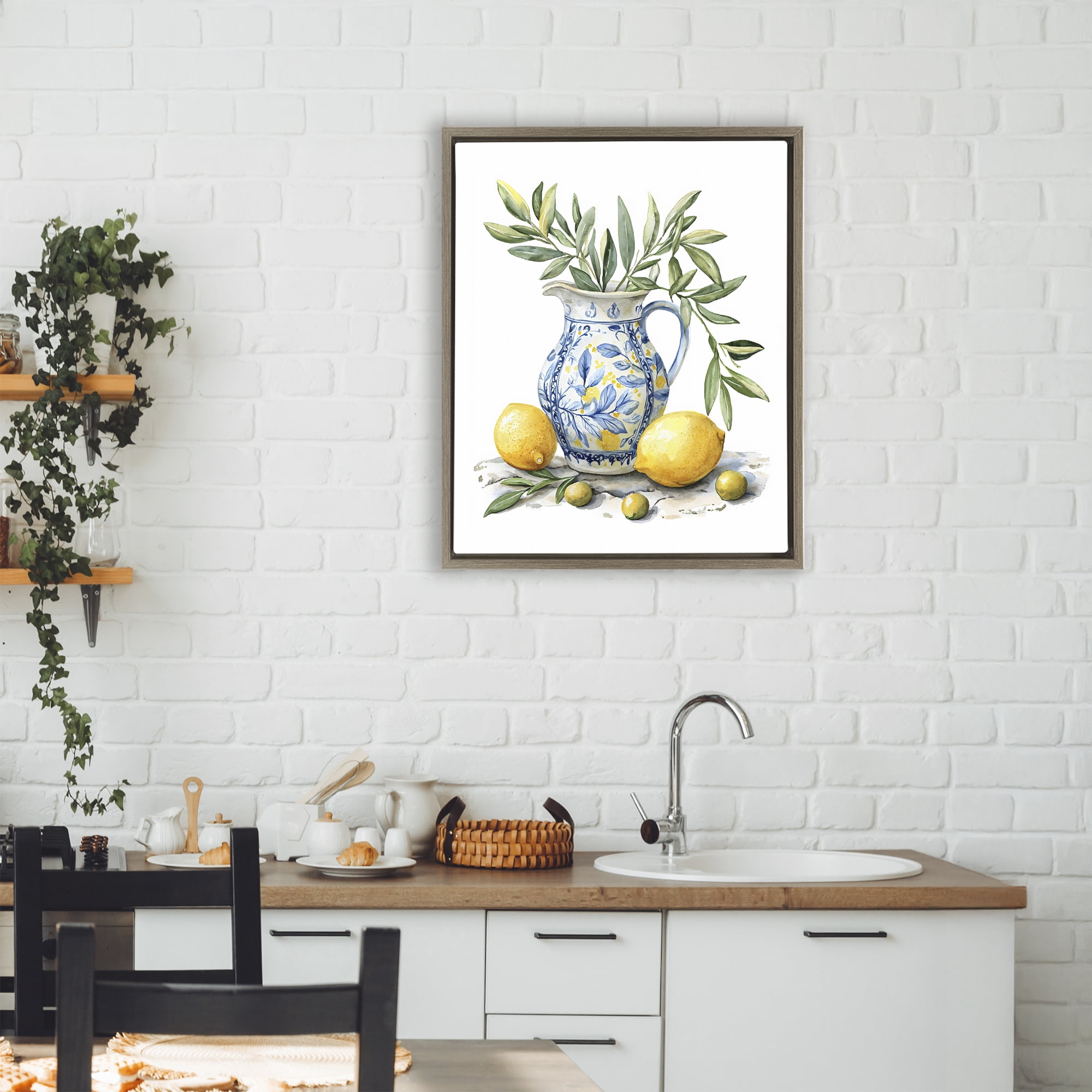 Stupell Industries Lemon & Olive Branch Still Life Brown Framed Floater Canvas Wall Art, design by LSR Design Studio