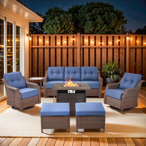 Gymojoy 7 Piece Outdoor Patio Furniture Set with Fire Pit Table,Rattan Sofa Swivel Glider Conversation Seating Group with 6 inch Thick Cushions