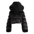 thumbnail image 2 of Abcnature Women Short Faux Hooded Warm Furry Splicing Jacket Long Sleeve Outerwear Black M, 2 of 3