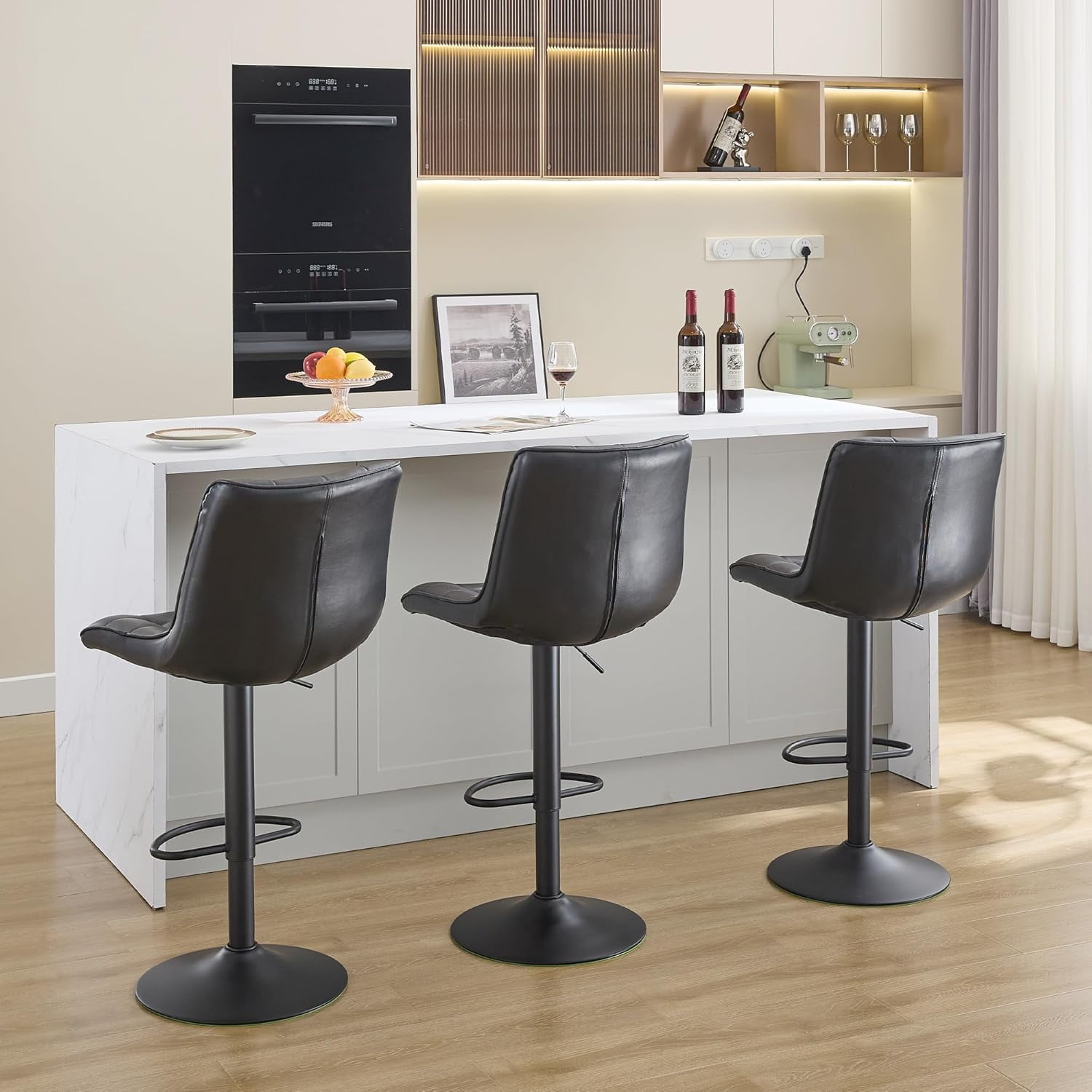FIRAVOE Bar Stools Set of 3 (High Back)(24"-33" Adjustable) Counter Height Bar Stools, Modern Swivel Barstools Bar Chairs for Kitchen Island, Black