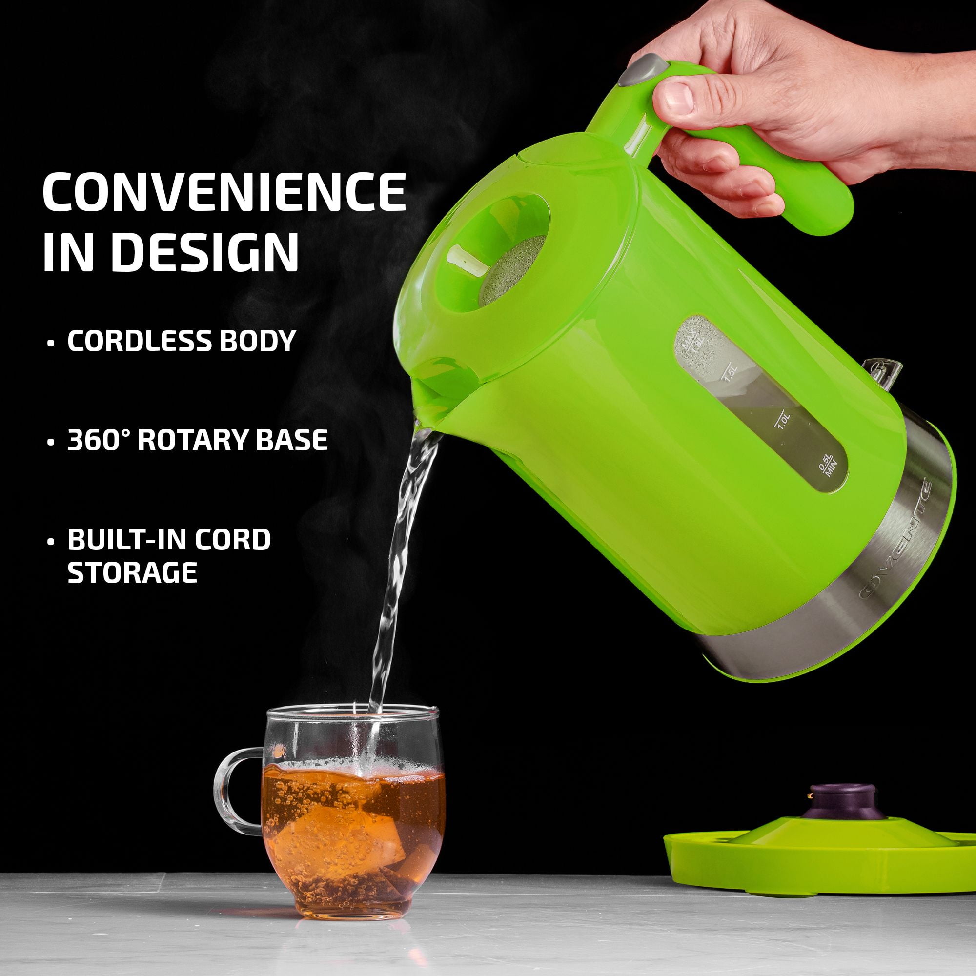 Ovente Electric Hot Water Kettle 1.8 Liter Prontofill Lid 1500W BPA-Free  Portable Countertop Tea Coffee