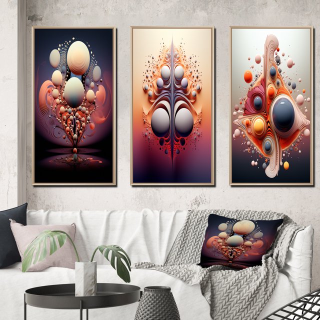 Designart « Multiverse Metamorphosis Abstract Geometric II » Formes Abstraites Ensemble d'Art Mural Encadré de 3 - Ensemble de Toiles à Cadre Transitionnel Rose pour Déco de Salon