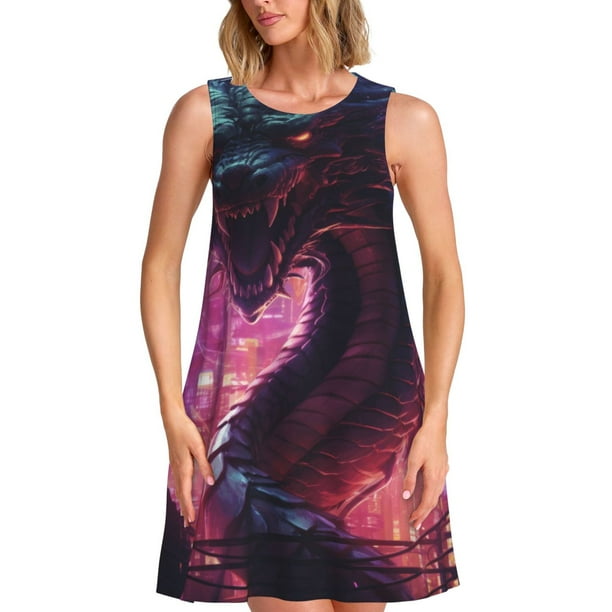 Fotbe Neon Futuristic Dragon Vestido de Verano sin Mangas para Mujer – Vestido Midi Línea A, Estilo Camiseta Floral, Vestido Playero Casual y Fluido