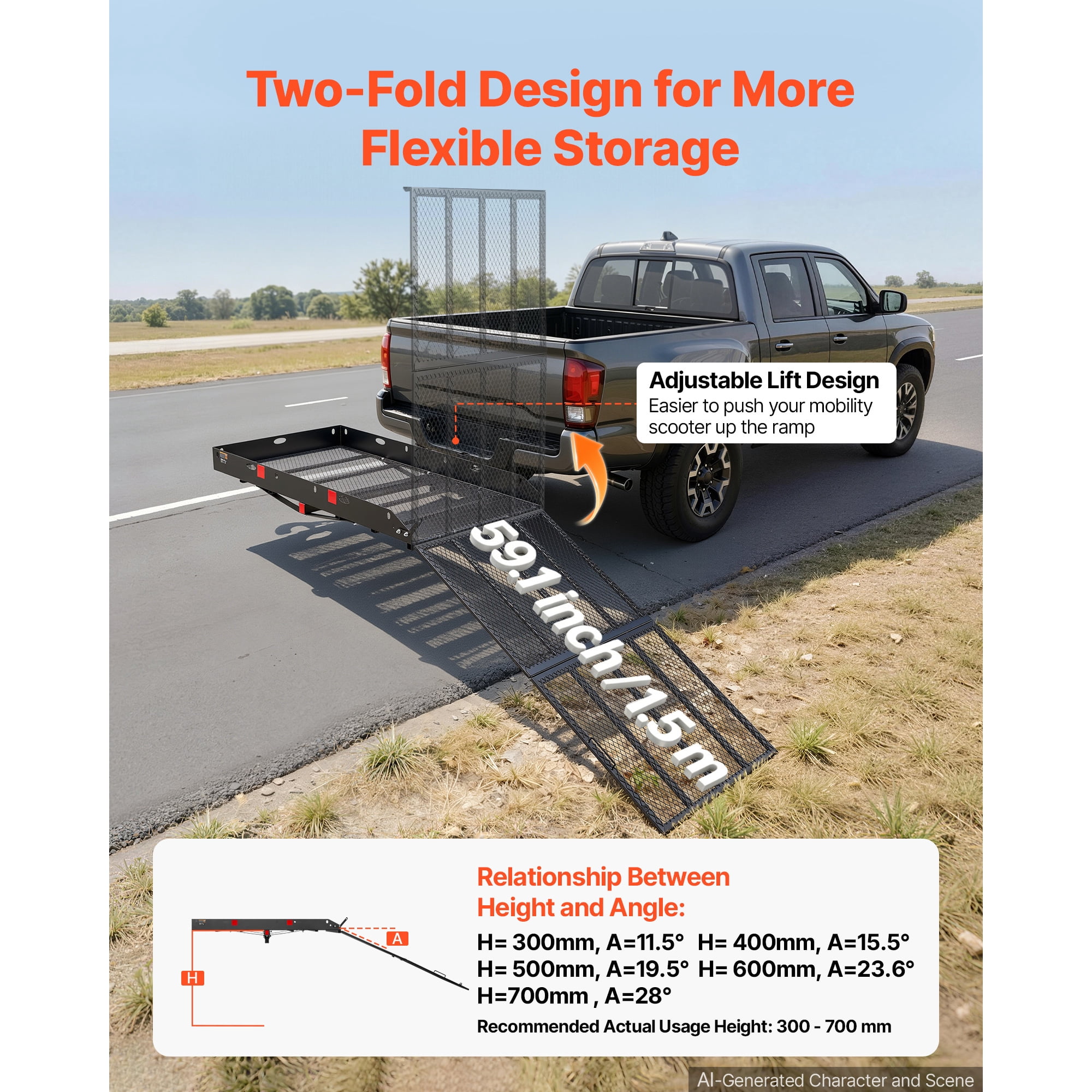 KFFKFF Hitch Mount Wheelchair Carrier with Adjustable Height, 500LBS Capacity Steel Mobility Scooter Basket, Double-Folding Ramp & Stabilizer, Compatible with 2" Hitch Receivers for Trucks, 60" x 33"
