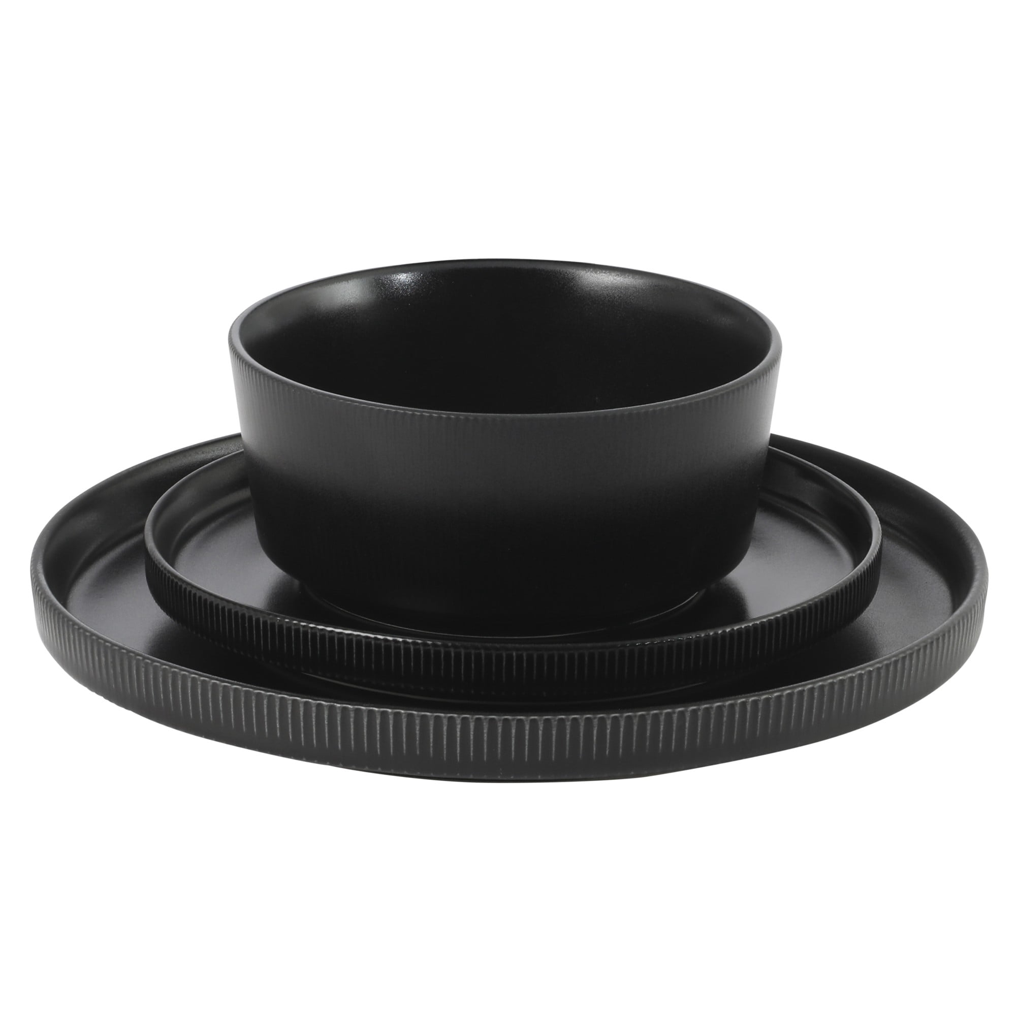 Gibson Home Dempsey Road 12-Piece Stoneware Dinnerware Set – Service for 4, Round Black Plates and Bowls, Durable Solid Color Modern Embossed Dish Set, Microwave & Dishwasher Safe